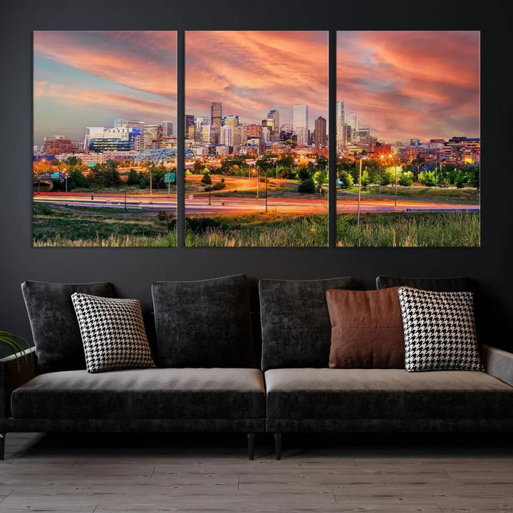 Denver Downtown Sunset Skyline Large Wall Art Canvas Print