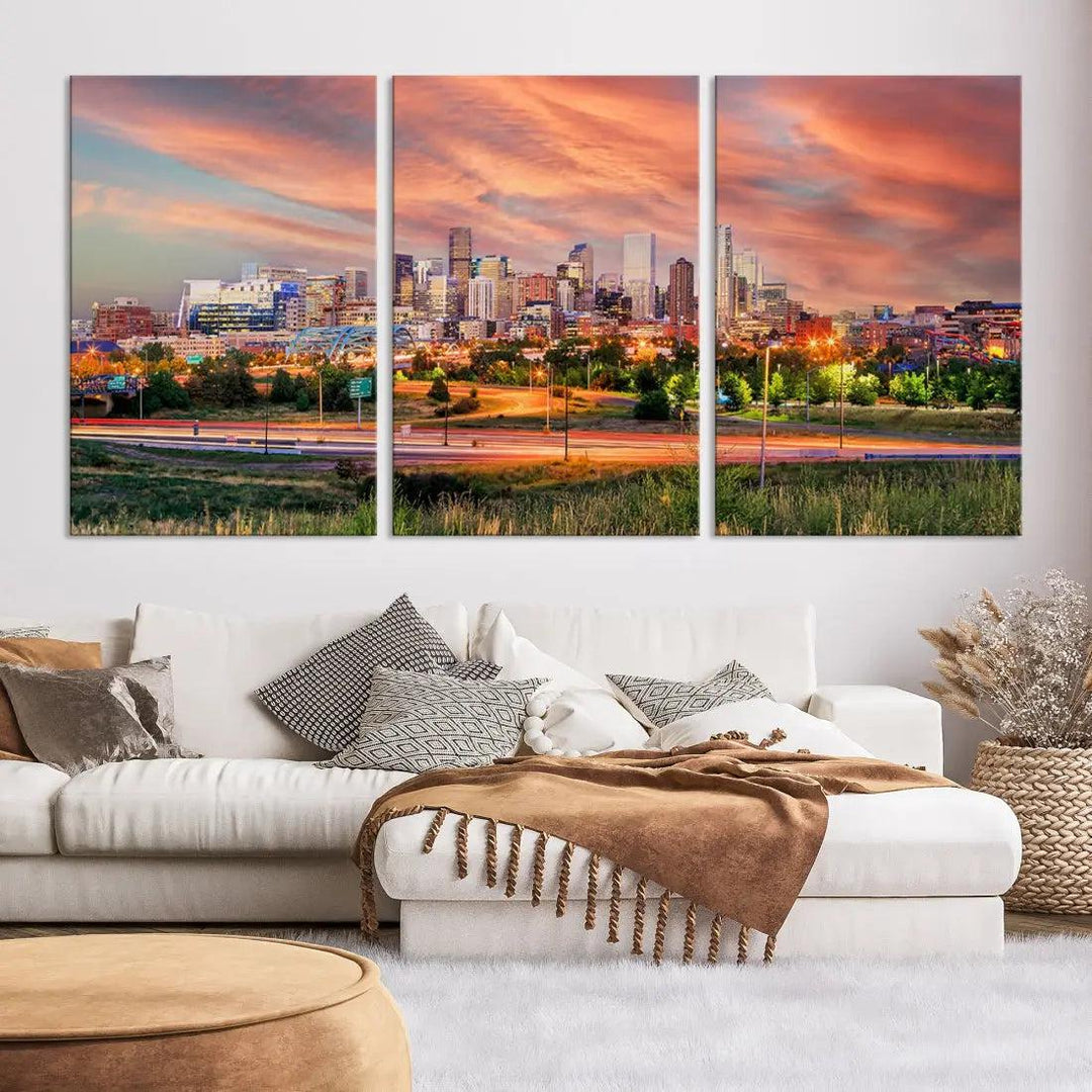 Denver Downtown Sunset Skyline Large Wall Art Canvas Print