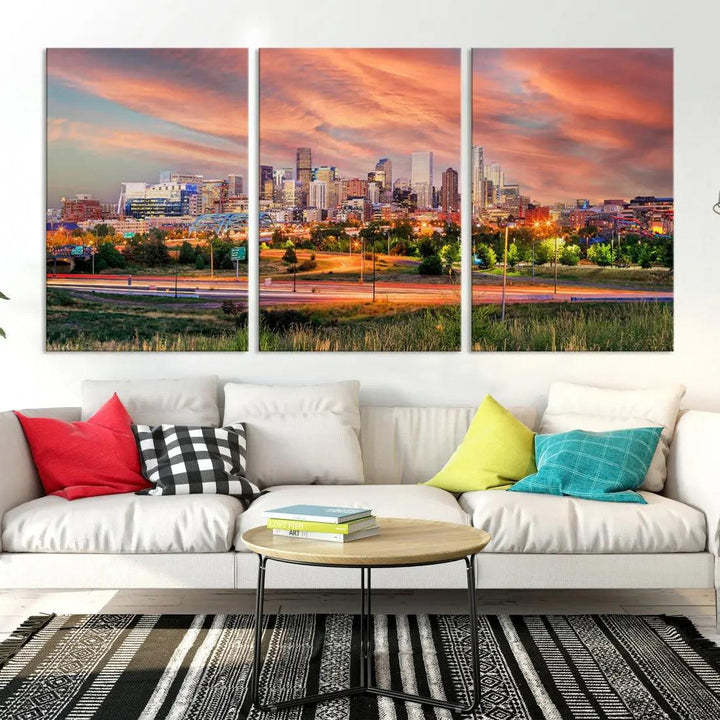 Denver Downtown Sunset Skyline Large Wall Art Canvas Print