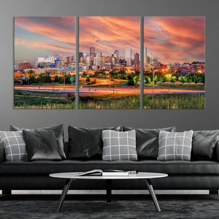 Denver Downtown Sunset Skyline Large Wall Art Canvas Print