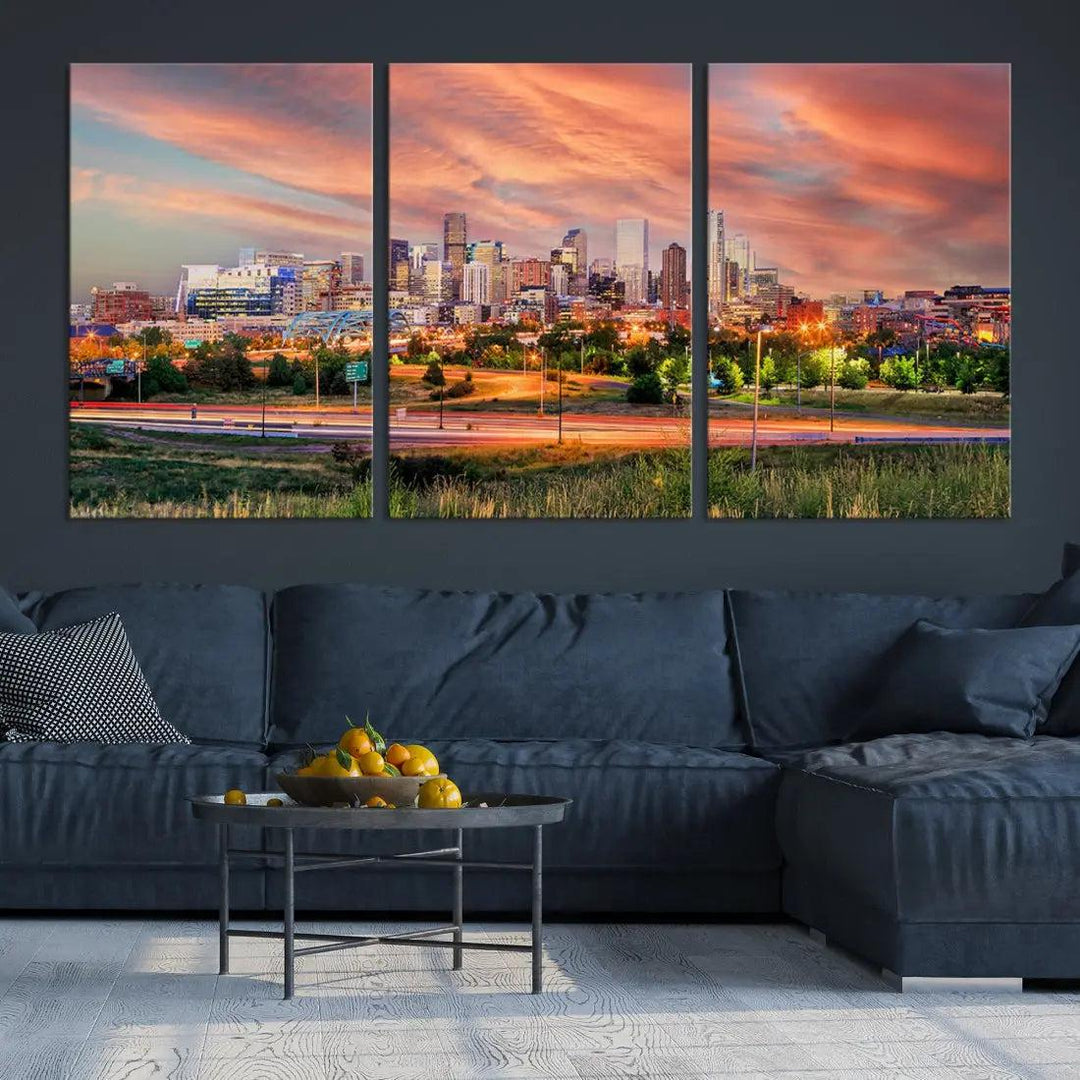 Denver Downtown Sunset Skyline Large Wall Art Canvas Print