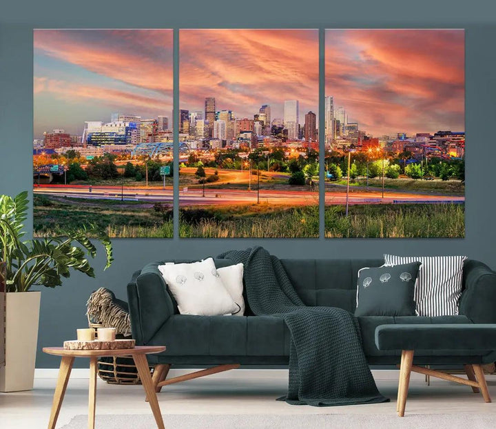 Denver Downtown Sunset Skyline Large Wall Art Canvas Print