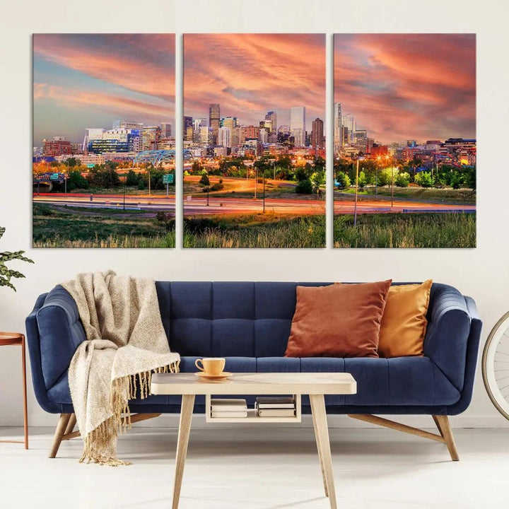 Denver Downtown Sunset Skyline Large Wall Art Canvas Print