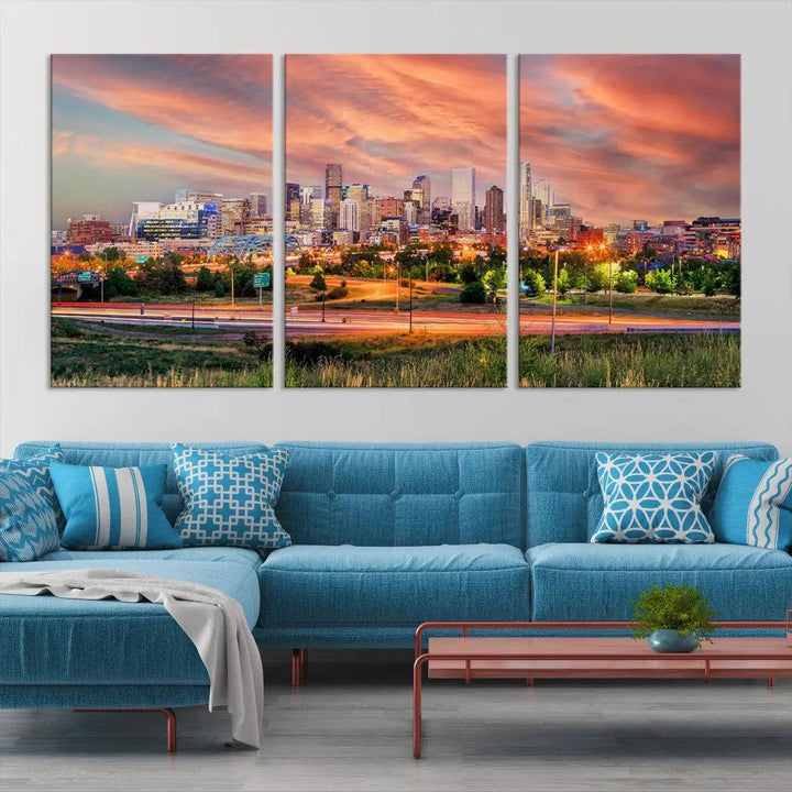 Denver Downtown Sunset Skyline Large Wall Art Canvas Print