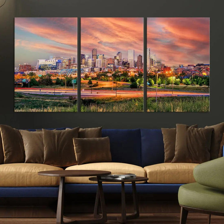 Denver Downtown Sunset Skyline Large Wall Art Canvas Print