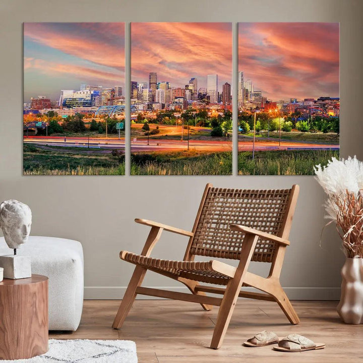 Denver Downtown Sunset Skyline Large Wall Art Canvas Print