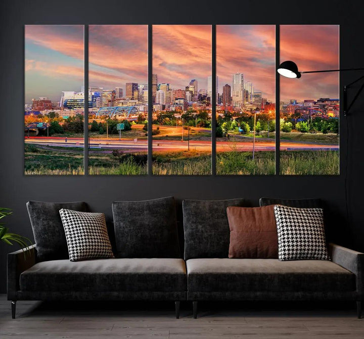 Denver Downtown Sunset Skyline Large Wall Art Canvas Print