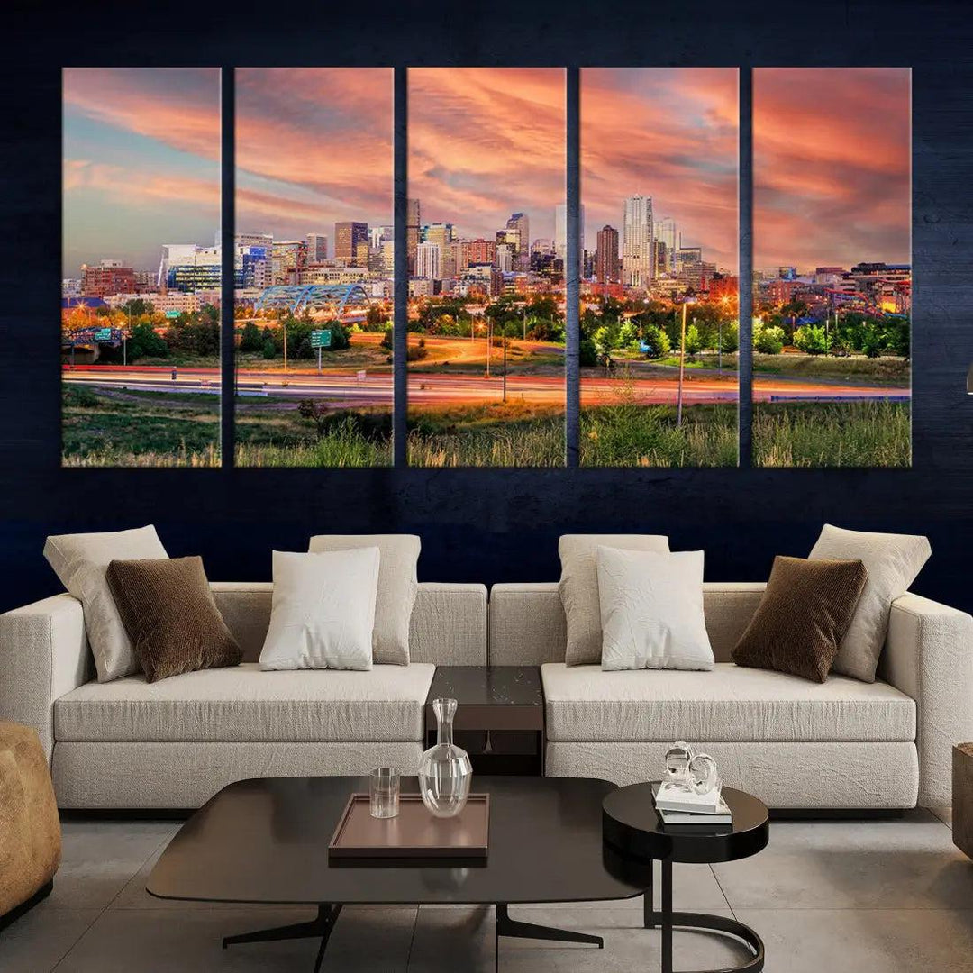 Denver Downtown Sunset Skyline Large Wall Art Canvas Print