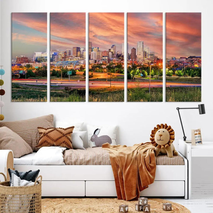 Denver Downtown Sunset Skyline Large Wall Art Canvas Print