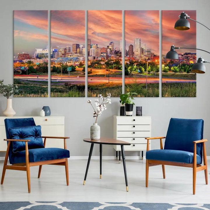 Denver Downtown Sunset Skyline Large Wall Art Canvas Print