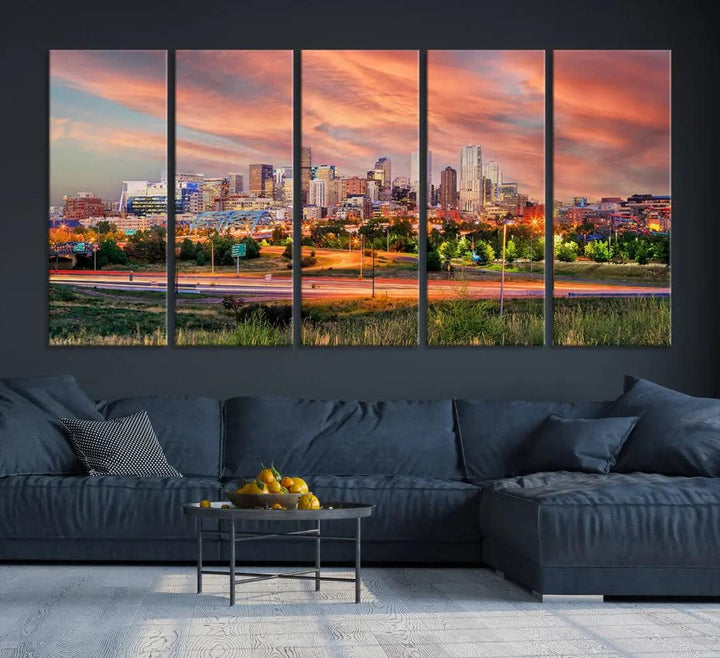 Denver Downtown Sunset Skyline Large Wall Art Canvas Print