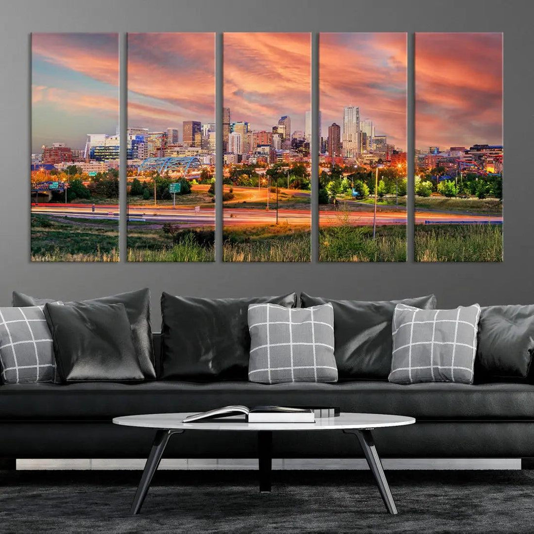 Denver Downtown Sunset Skyline Large Wall Art Canvas Print