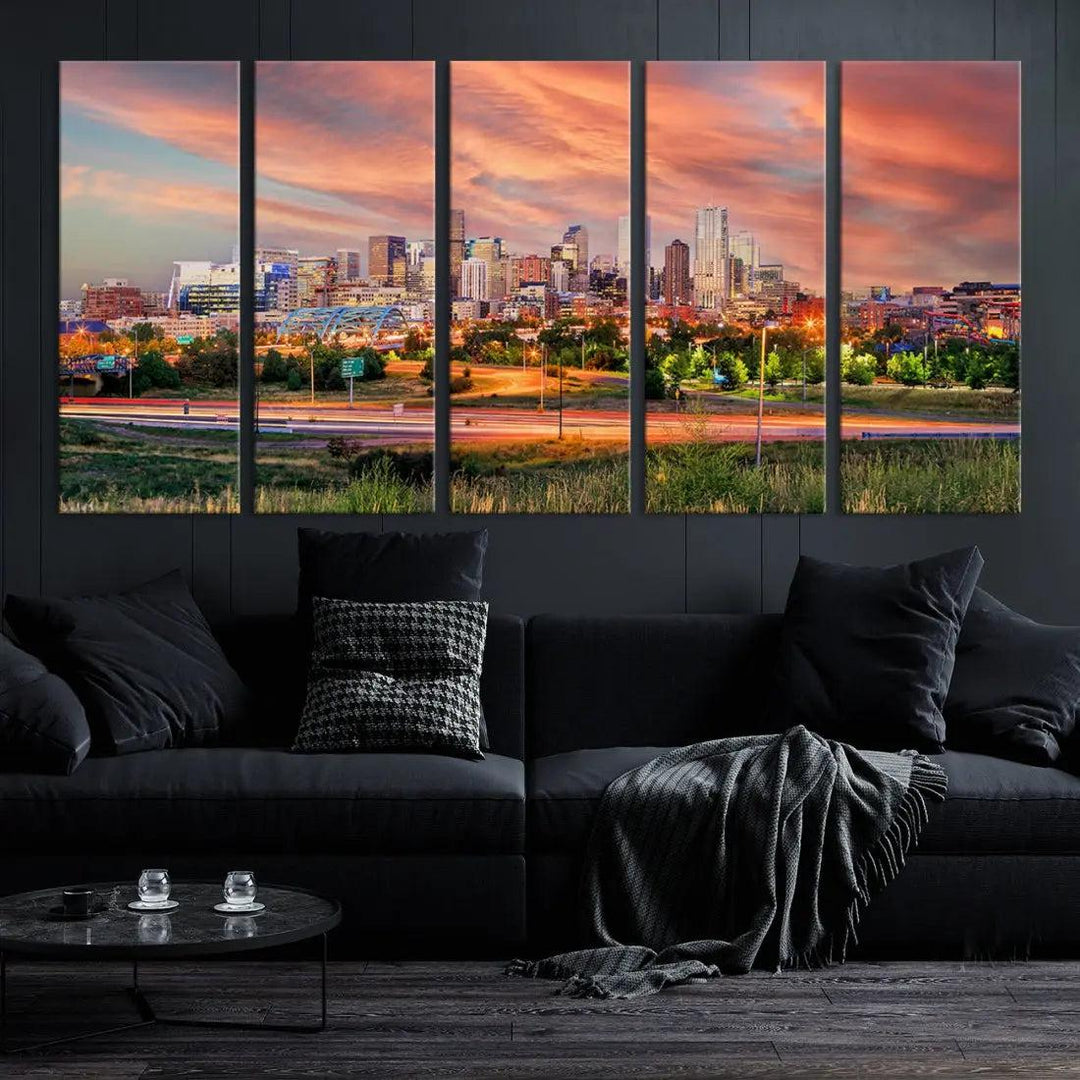 Denver Downtown Sunset Skyline Large Wall Art Canvas Print