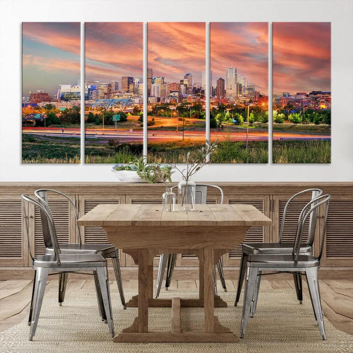 Denver Downtown Sunset Skyline Large Wall Art Canvas Print