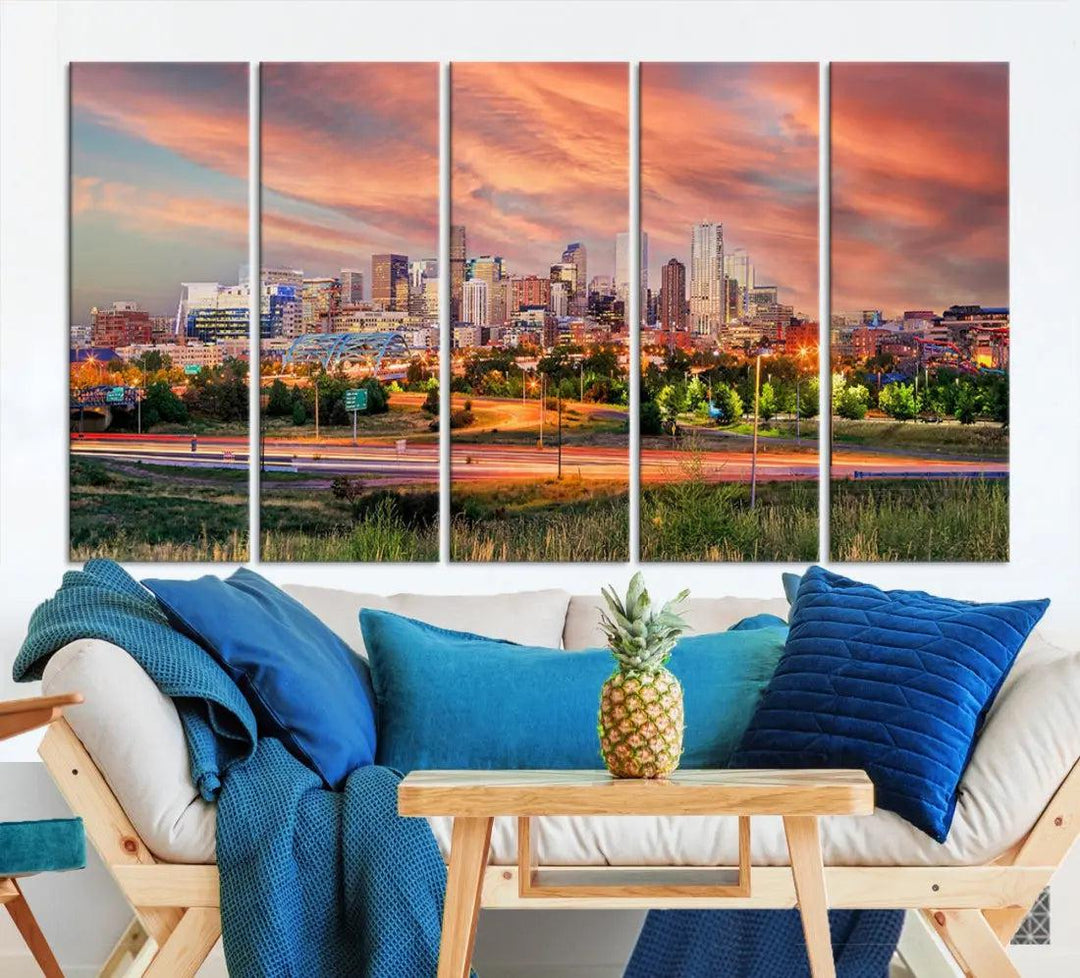 Denver Downtown Sunset Skyline Large Wall Art Canvas Print