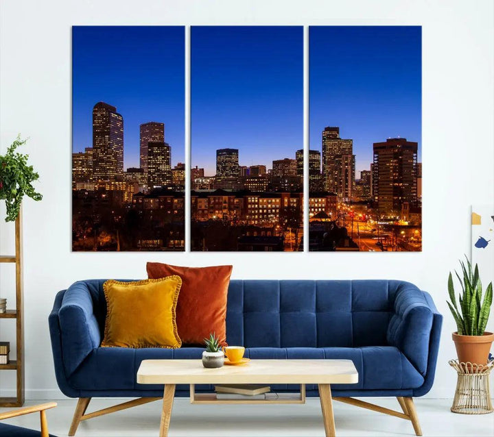 Denver Night Blue Skyline Wall Art Framed Cityscape Canvas Print