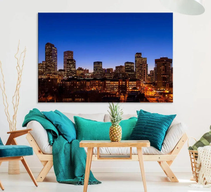 Denver Night Blue Skyline Wall Art Framed Cityscape Canvas Print