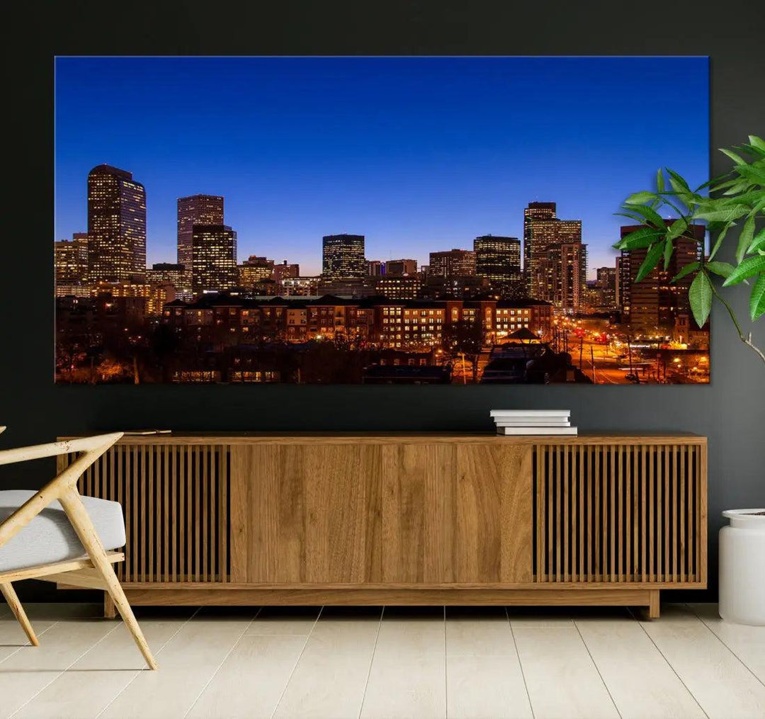 Denver Night Blue Skyline Wall Art Framed Cityscape Canvas Print