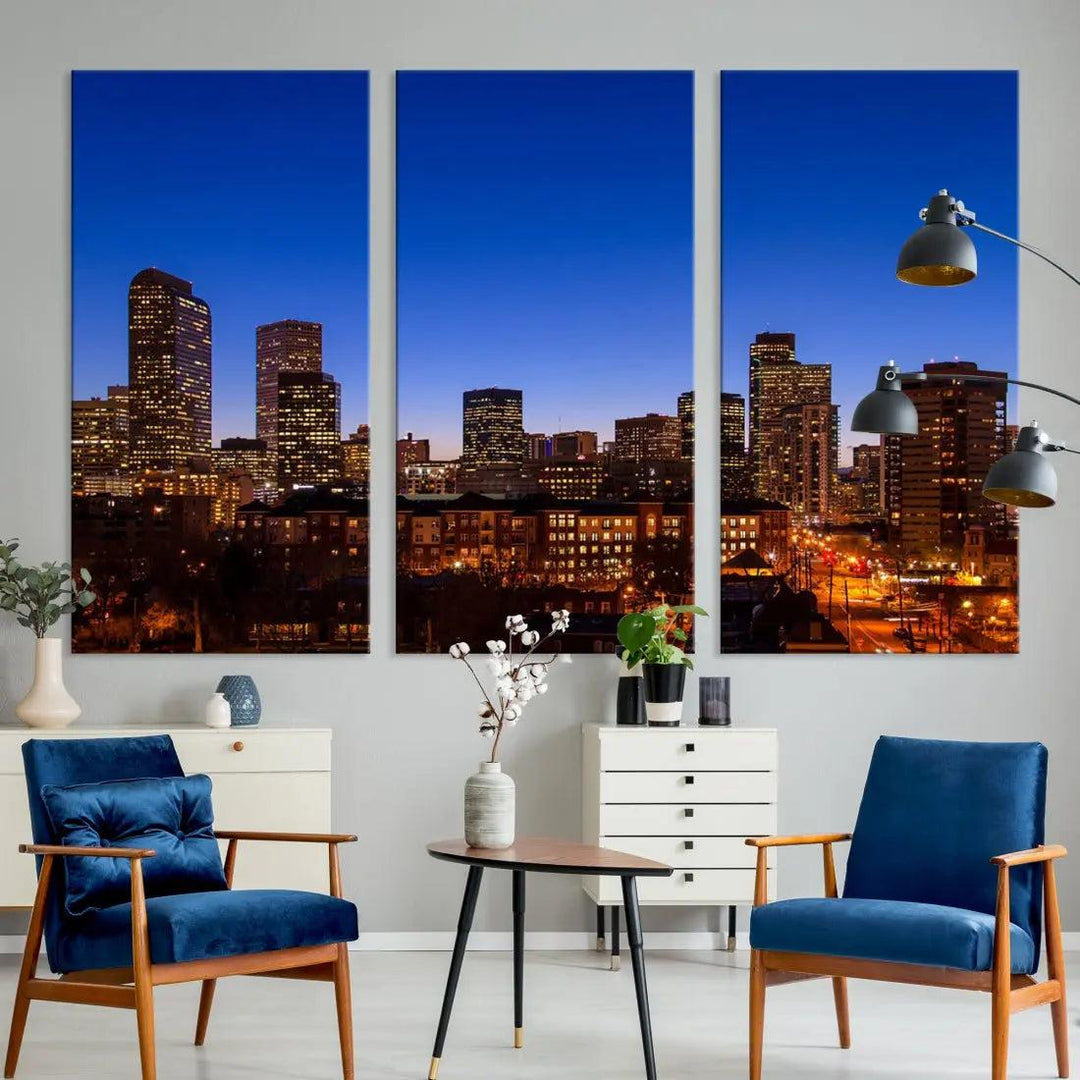 Denver Night Blue Skyline Wall Art Framed Cityscape Canvas Print