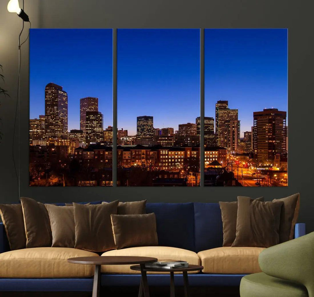 Denver Night Blue Skyline Wall Art Framed Cityscape Canvas Print