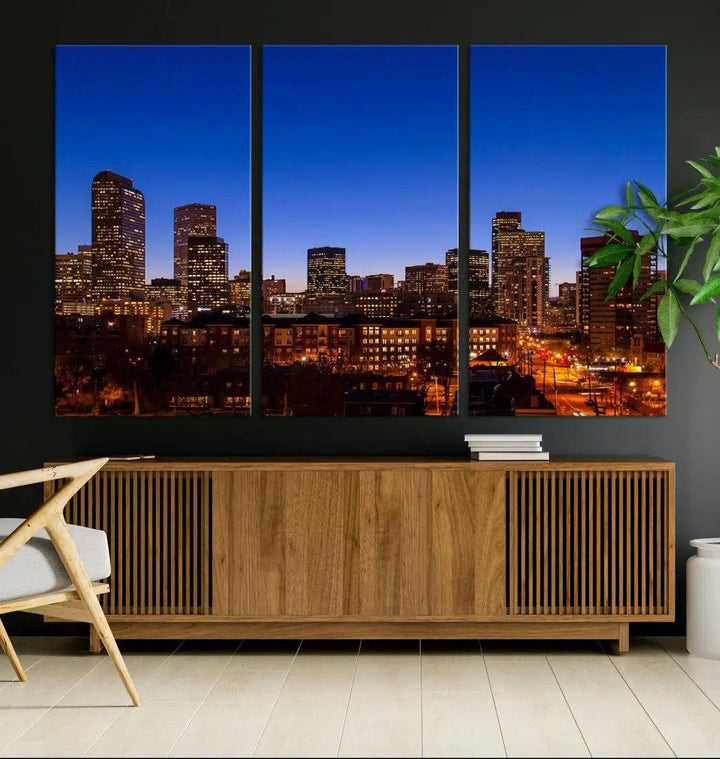 Denver Night Blue Skyline Wall Art Framed Cityscape Canvas Print