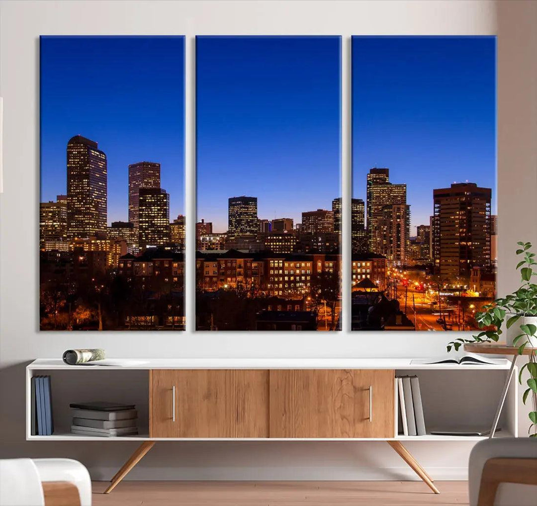 Denver Night Blue Skyline Wall Art Framed Cityscape Canvas Print