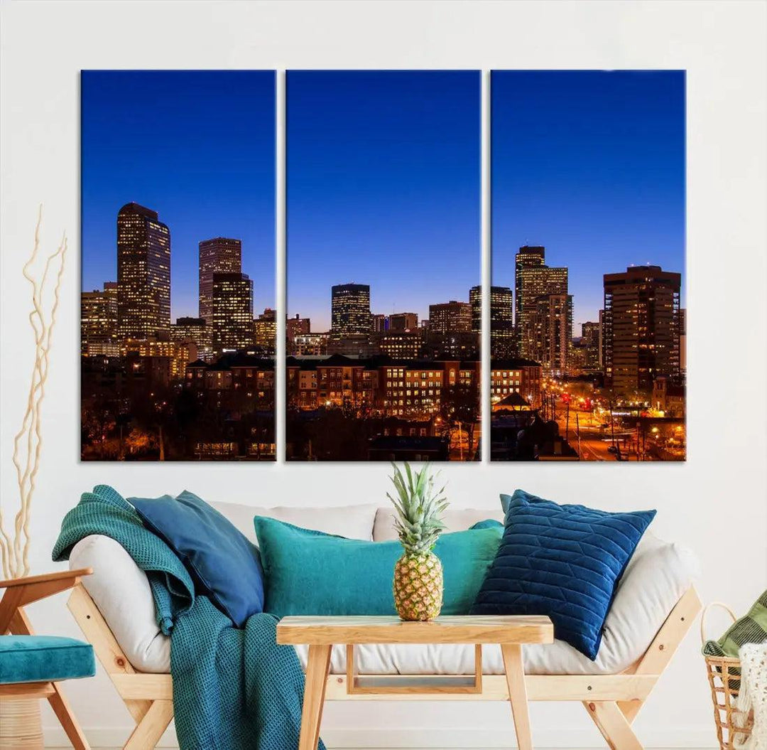 Denver Night Blue Skyline Wall Art Framed Cityscape Canvas Print