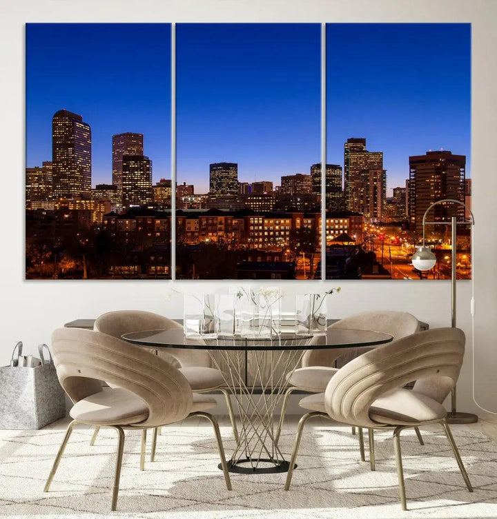 Denver Night Blue Skyline Wall Art Framed Cityscape Canvas Print