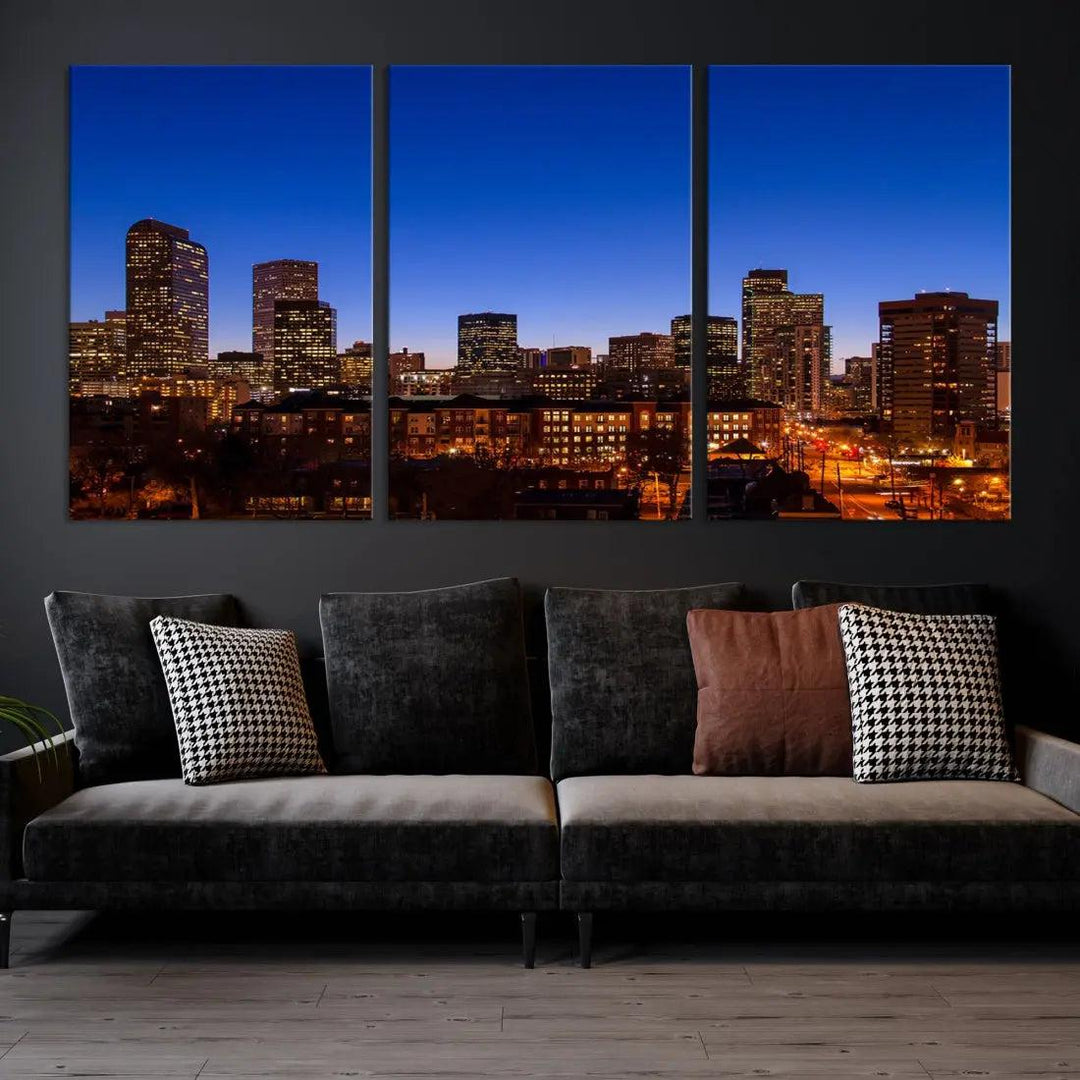 Denver Night Blue Skyline Wall Art Framed Cityscape Canvas Print