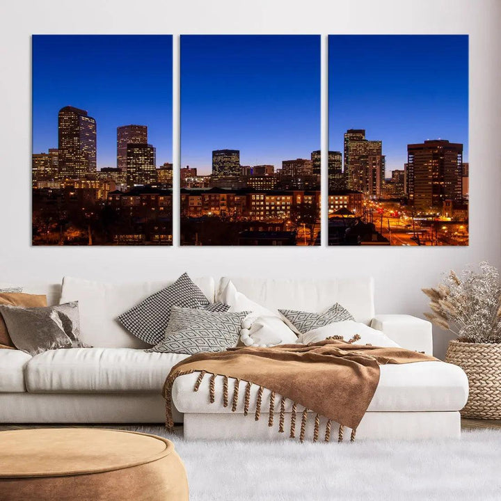 Denver Night Blue Skyline Wall Art Framed Cityscape Canvas Print