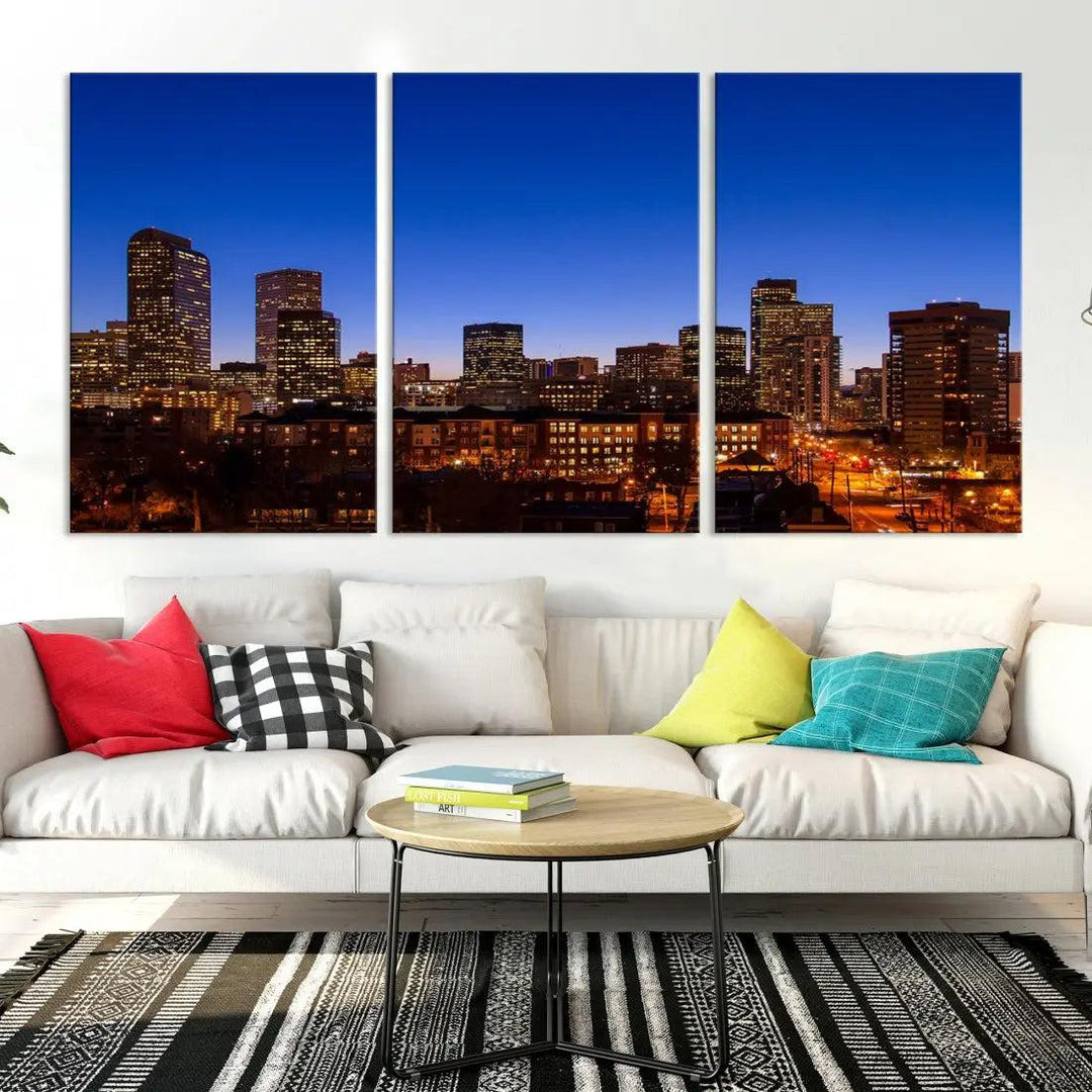 Denver Night Blue Skyline Wall Art Framed Cityscape Canvas Print