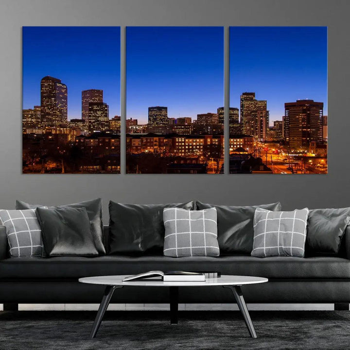 Denver Night Blue Skyline Wall Art Framed Cityscape Canvas Print