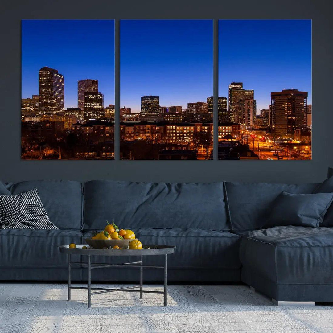 Denver Night Blue Skyline Wall Art Framed Cityscape Canvas Print