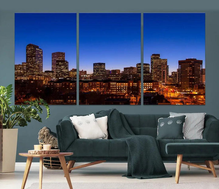 Denver Night Blue Skyline Wall Art Framed Cityscape Canvas Print