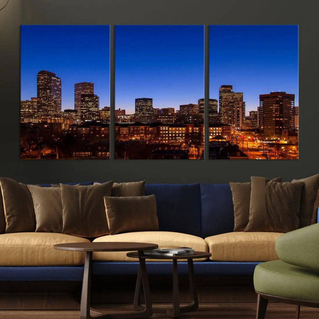 Denver Night Blue Skyline Wall Art Framed Cityscape Canvas Print