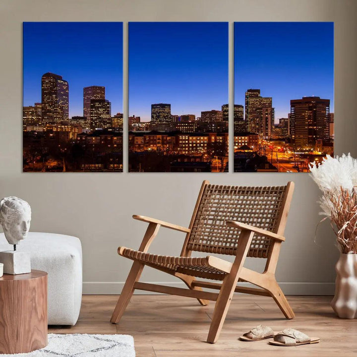 Denver Night Blue Skyline Wall Art Framed Cityscape Canvas Print