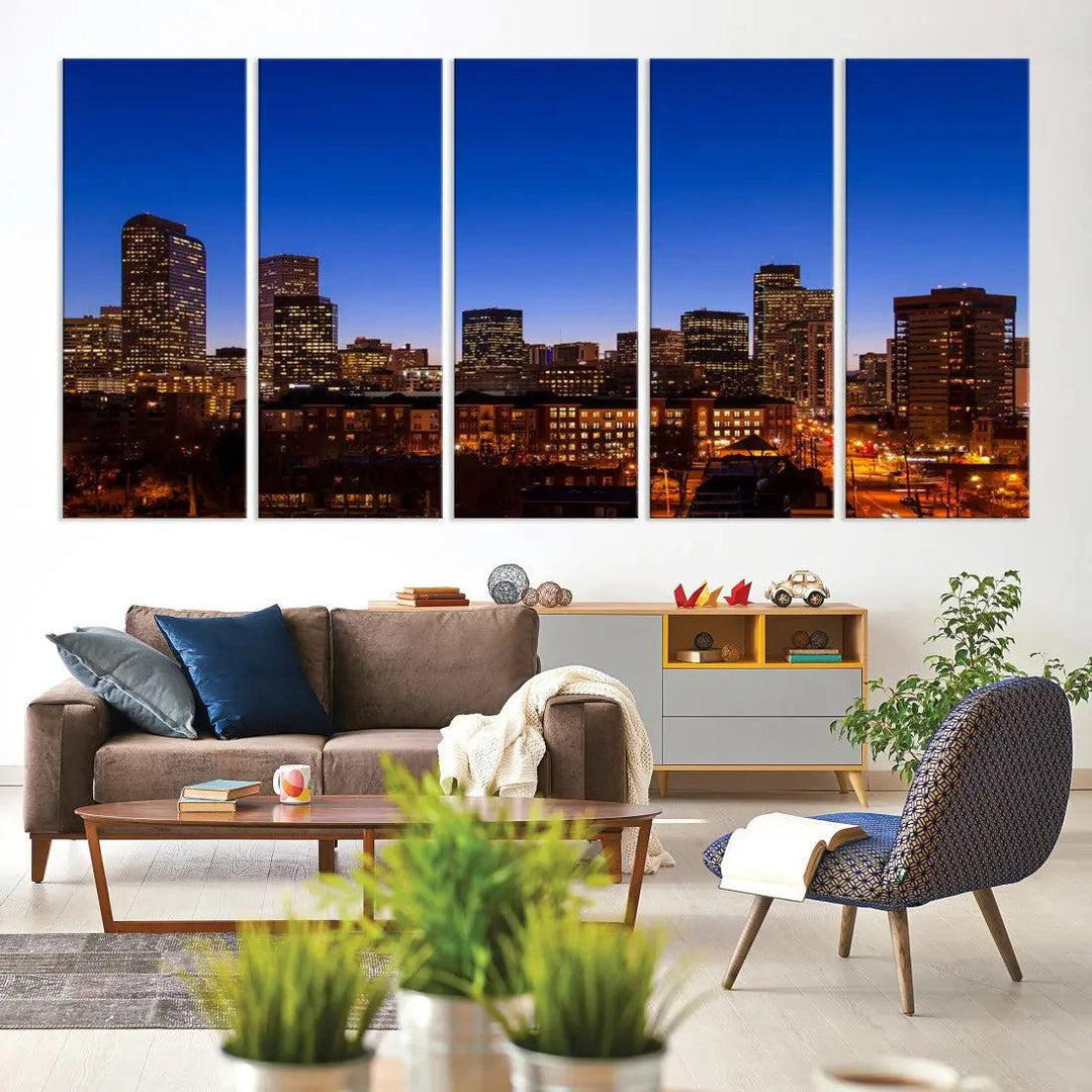 Denver Night Blue Skyline Wall Art Framed Cityscape Canvas Print