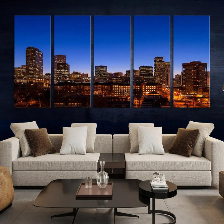 Denver Night Blue Skyline Wall Art Framed Cityscape Canvas Print