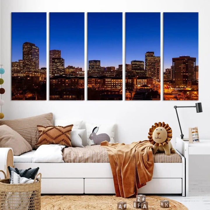 Denver Night Blue Skyline Wall Art Framed Cityscape Canvas Print