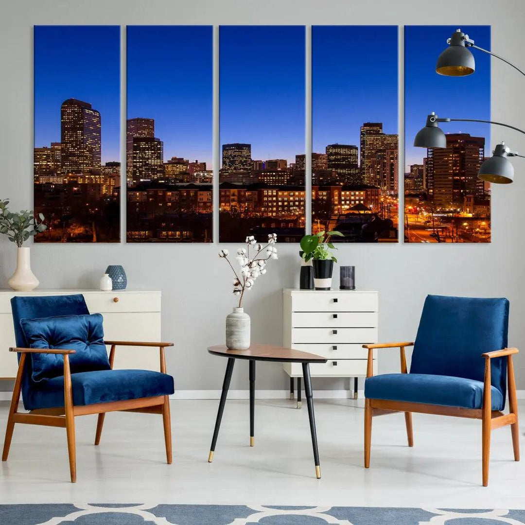 Denver Night Blue Skyline Wall Art Framed Cityscape Canvas Print