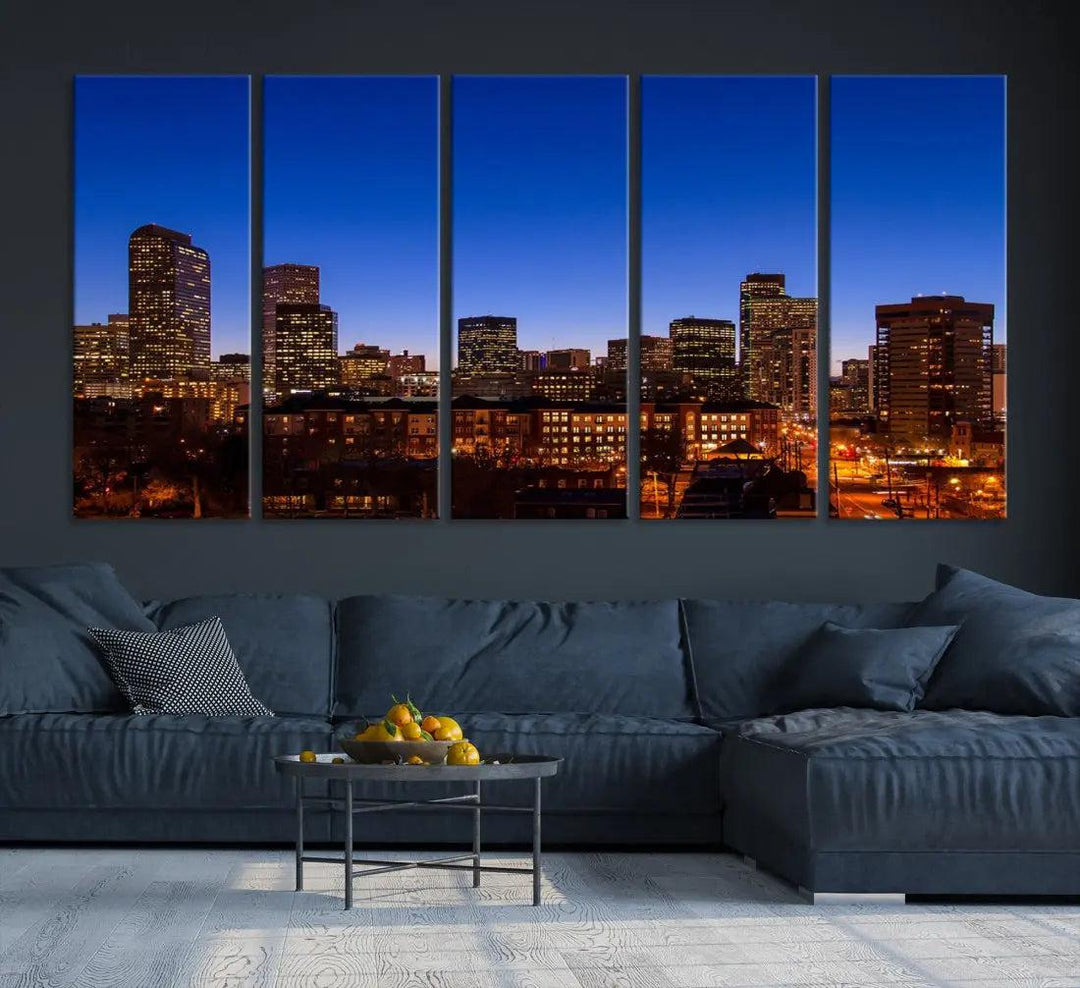 Denver Night Blue Skyline Wall Art Framed Cityscape Canvas Print