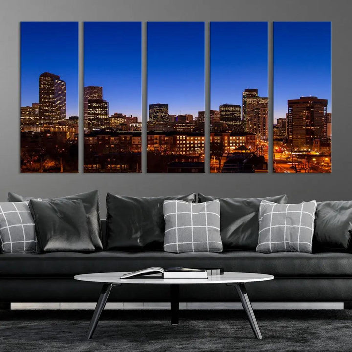 Denver Night Blue Skyline Wall Art Framed Cityscape Canvas Print