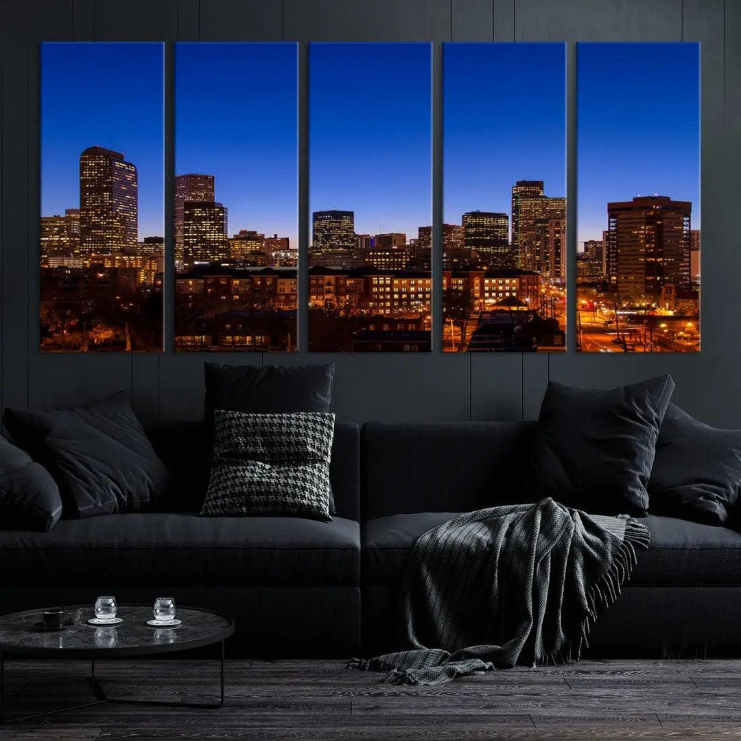 Denver Night Blue Skyline Wall Art Framed Cityscape Canvas Print