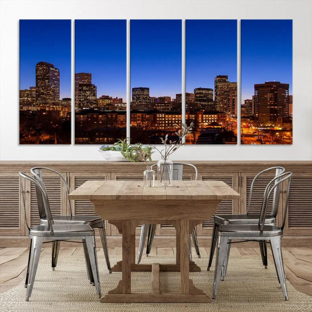 Denver Night Blue Skyline Wall Art Framed Cityscape Canvas Print