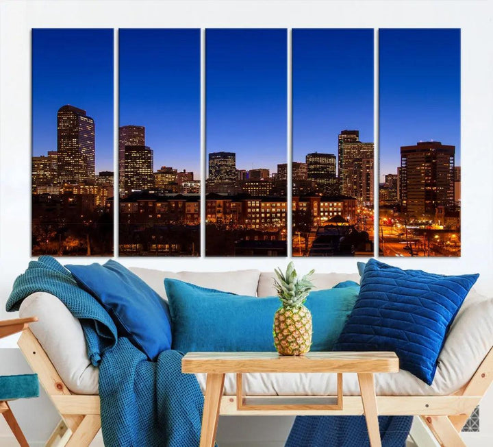 Denver Night Blue Skyline Wall Art Framed Cityscape Canvas Print