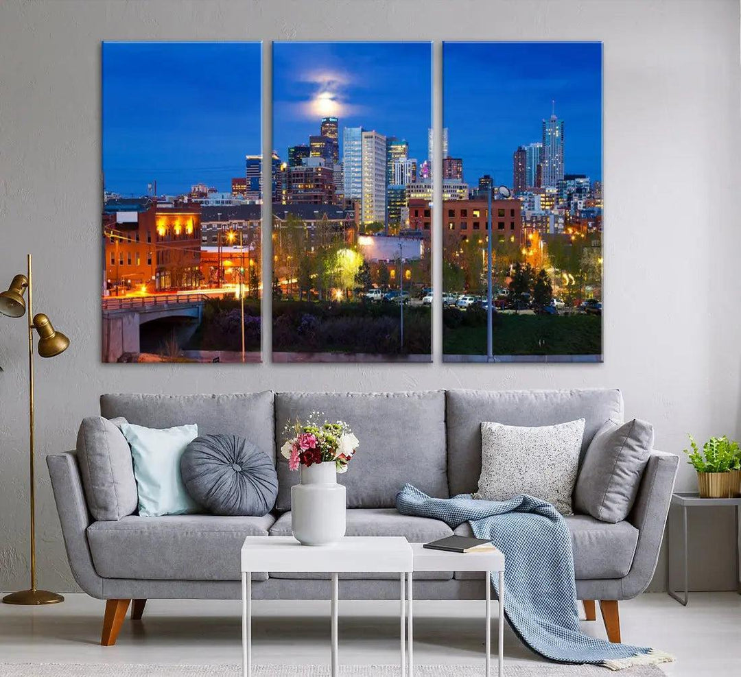 Denver Night Skyline Cloudy Moon Photo Canvas Print Cityscape Wall Art