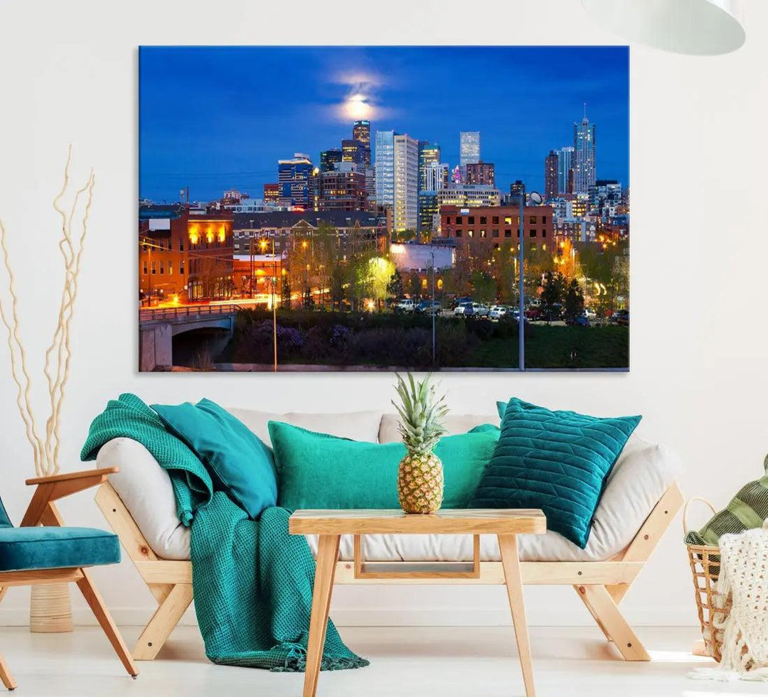 Denver Night Skyline Cloudy Moon Photo Canvas Print Cityscape Wall Art