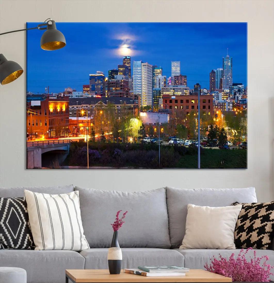 Denver Night Skyline Cloudy Moon Photo Canvas Print Cityscape Wall Art