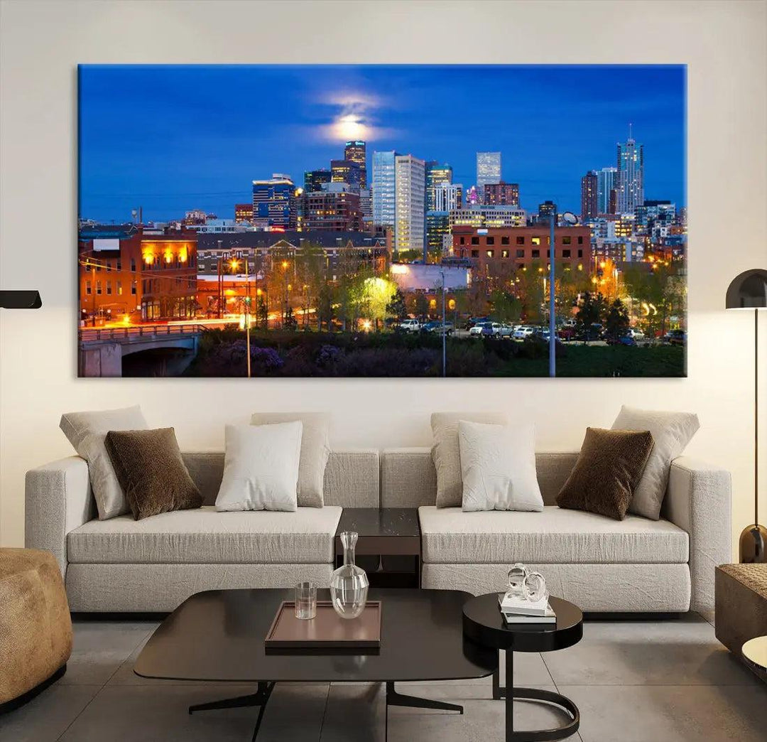 Denver Night Skyline Cloudy Moon Photo Canvas Print Cityscape Wall Art