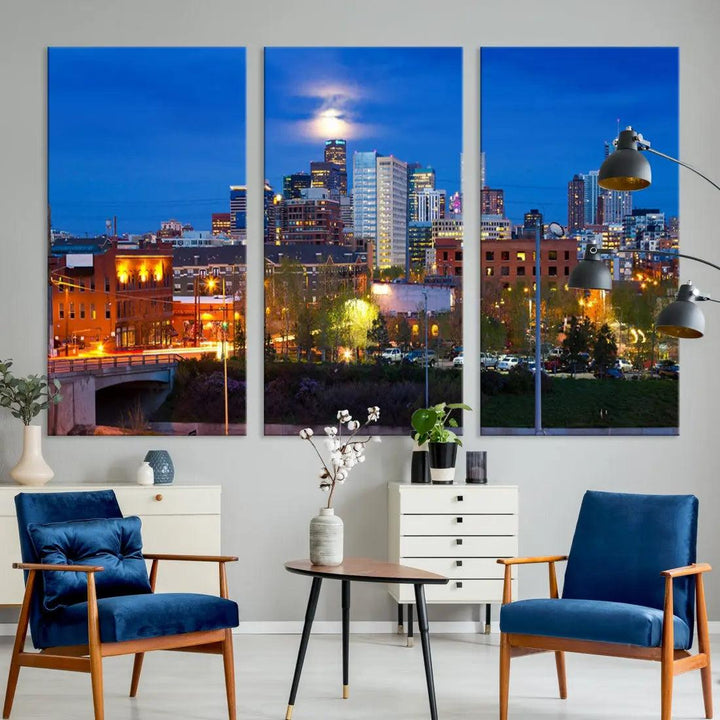 Denver Night Skyline Cloudy Moon Photo Canvas Print Cityscape Wall Art